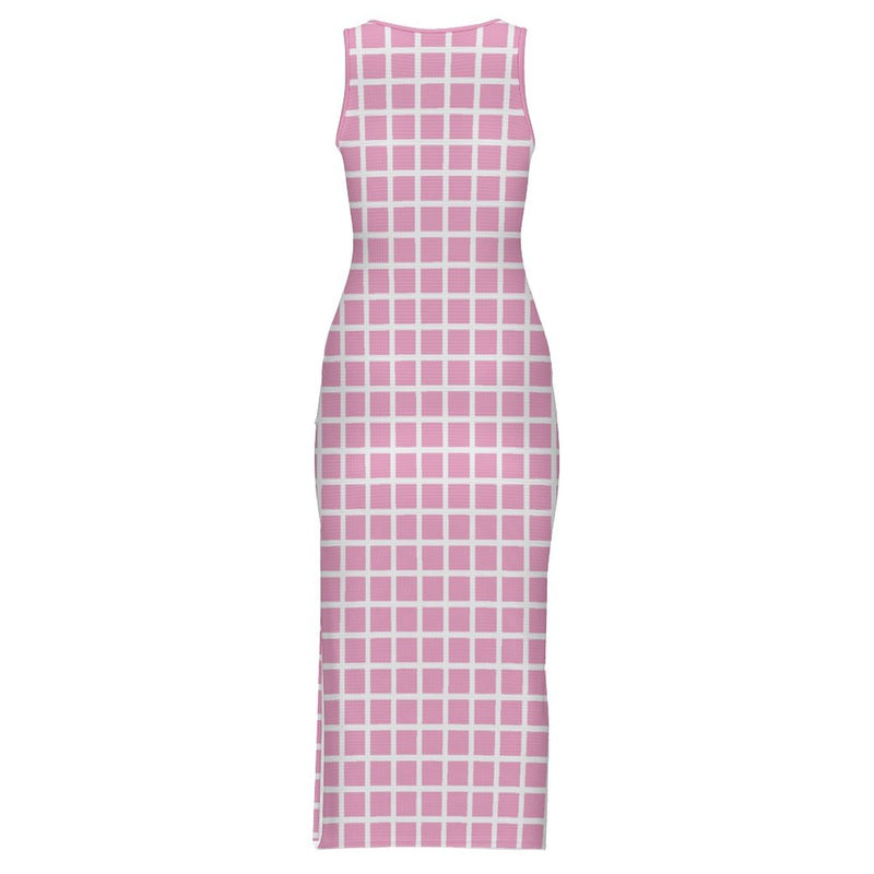 Window Pane Split cheongsam Sleeveless Bodycon Side Slit Long Dress