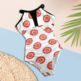 grapefruit wheel print Women's High Neck Plunge Mesh Ruched Swimsuit (S43)