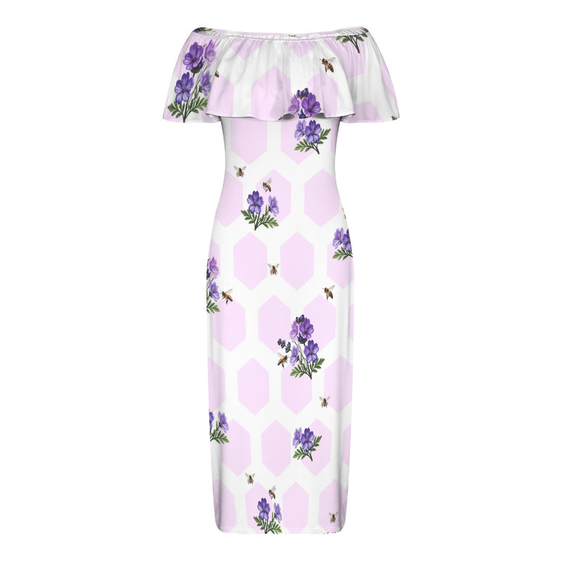 apiary print hex small Women's Off Shoulder Ruffle Boat Neck Dress (Model D71)