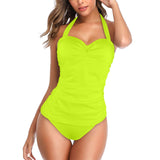NEON GREEN hat Women's Halter Neck Gather Chest Swimsuit (Model S52)