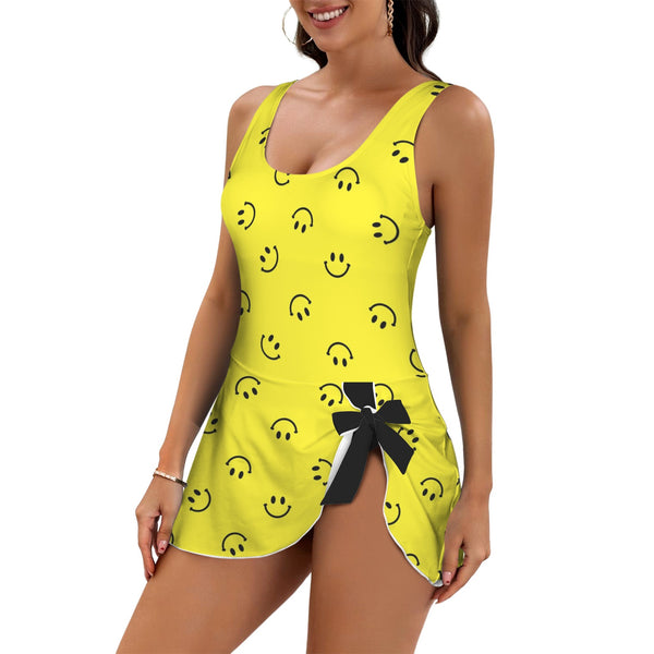 black solid print skirt Women's One Piece Skirted Swimsuit (Model S54)