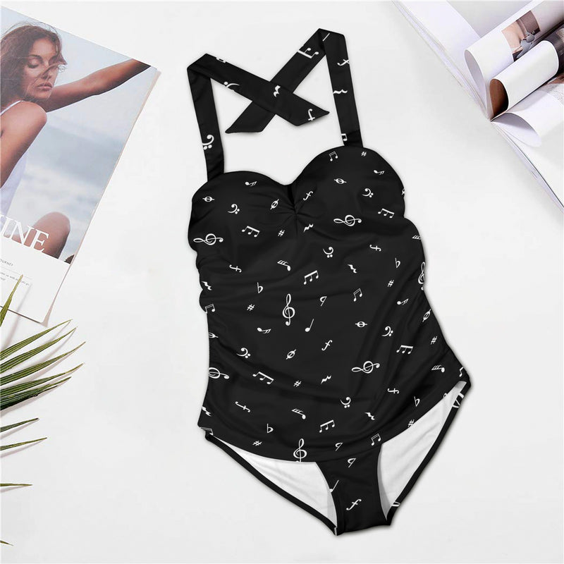 musical note blouse white on black Women's Halter Neck Gather Chest Swimsuit (Model S52)