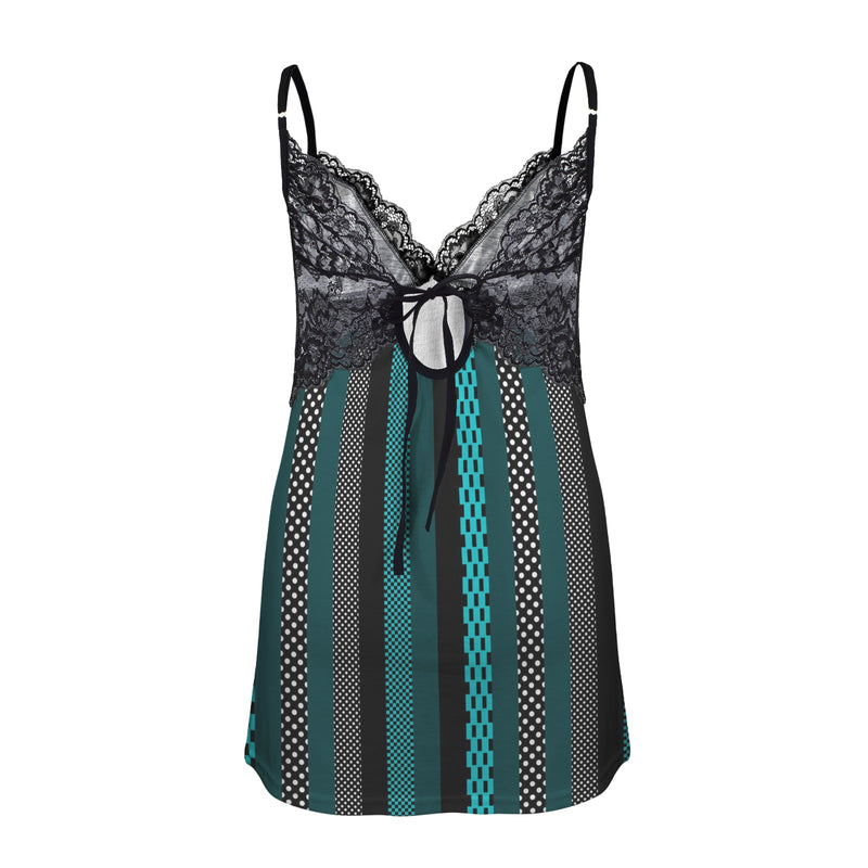 eclectic stripe print 3 Lace Low Cut Backless Cami Dress (D72)