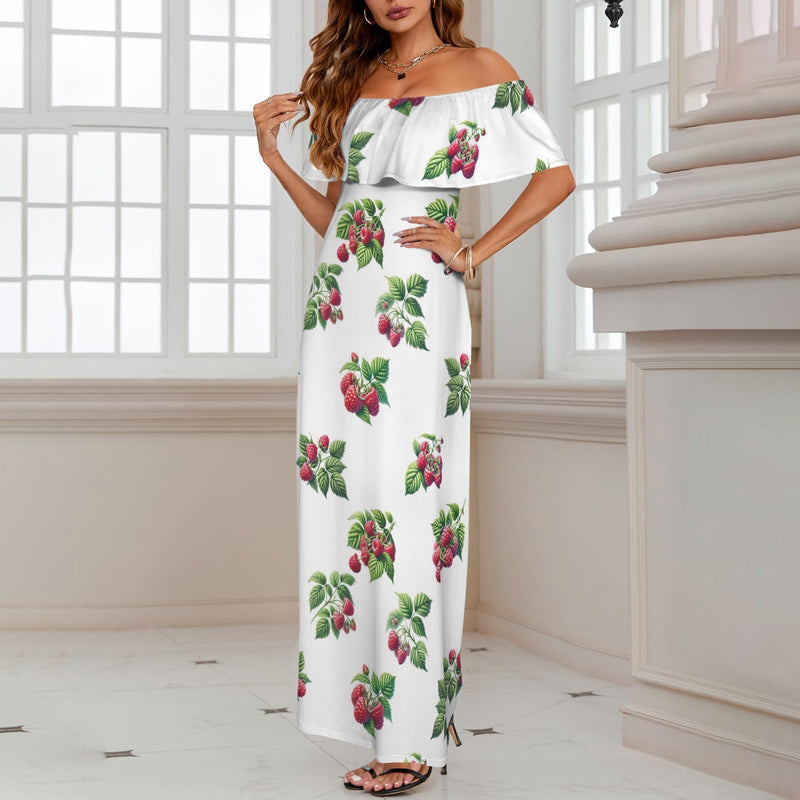 raspberry print sneakers Women's Off Shoulder Ruffle Boat Neck Dress (Model D71)