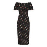 cherry black print 4A Women's Off Shoulder Ruffle Boat Neck Dress (Model D71)
