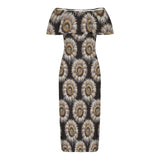 sunflower print 4B Women's Off Shoulder Ruffle Boat Neck Dress (Model D71)