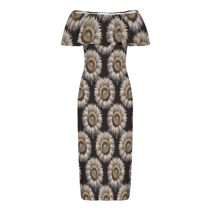 sunflower print 4B Women's Off Shoulder Ruffle Boat Neck Dress (Model D71)