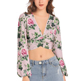 Women's Deep V-Neck Lantern Sleeve Crop Top