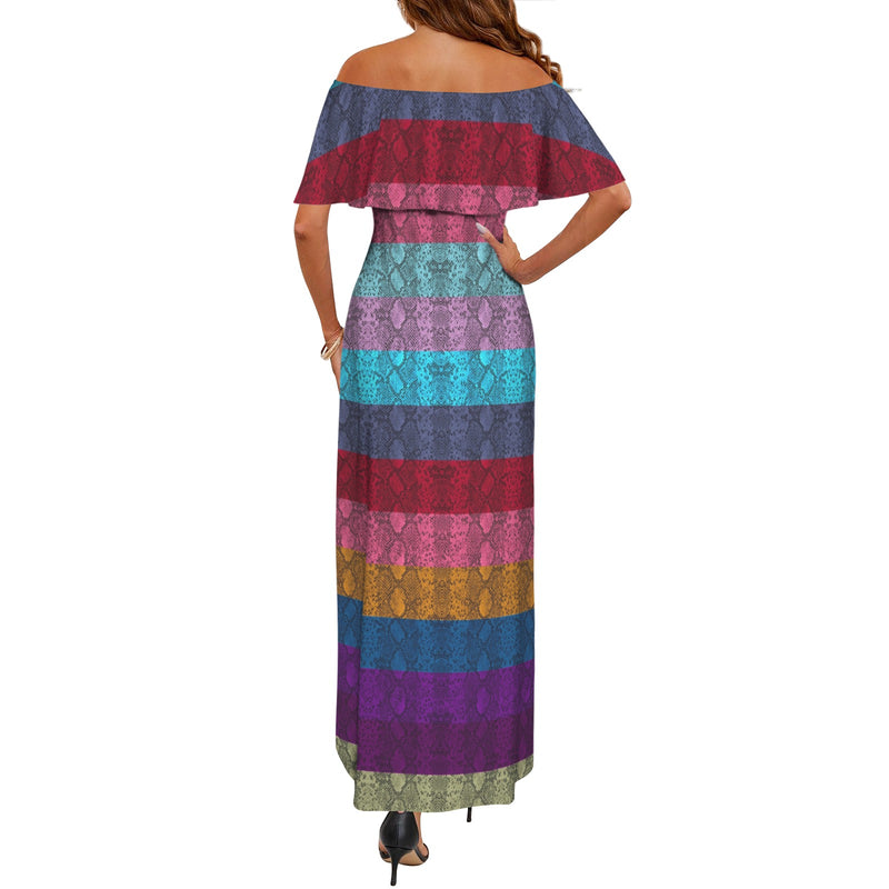 multicolored snakeskin Women's Off Shoulder Ruffle Boat Neck Dress (Model D71)
