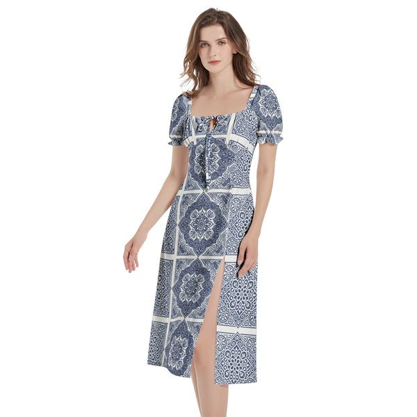 Puff Sleeve Split Thigh Midi Dress