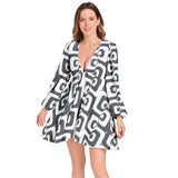 Lantern Sleeve Deep V-Neck Short Dress
