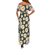 floral garden striped green Women's Off Shoulder Ruffle Boat Neck Dress (Model D71)