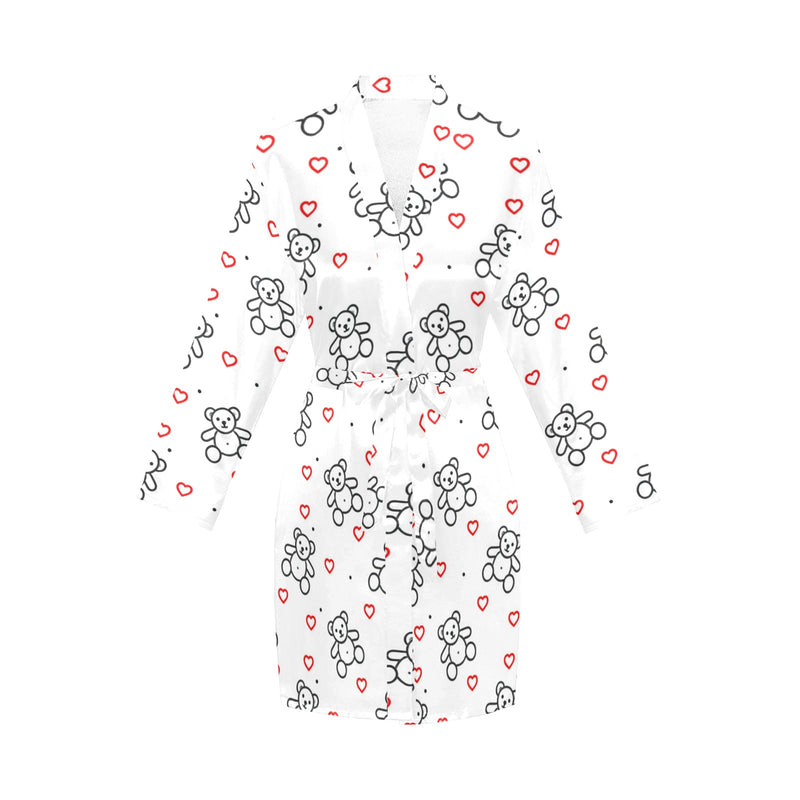 teddy bear and hearts print 2A Women's Long Sleeve Belted Night Robe