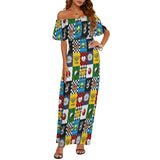 patchwork of alien flowers Women's Off Shoulder Ruffle Boat Neck Dress (Model D71)