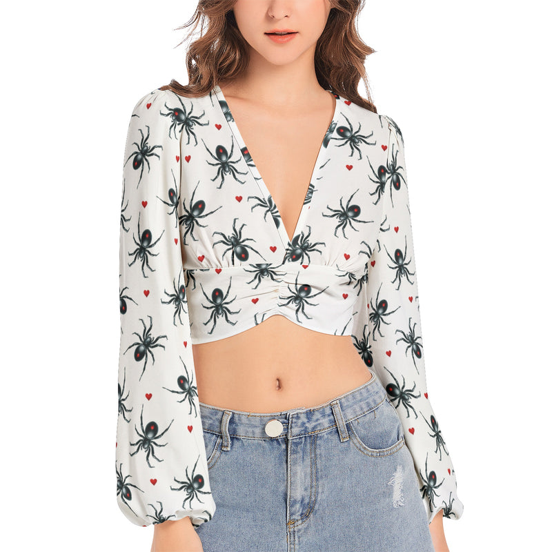 Women's Deep V-Neck Lantern Sleeve Crop Top