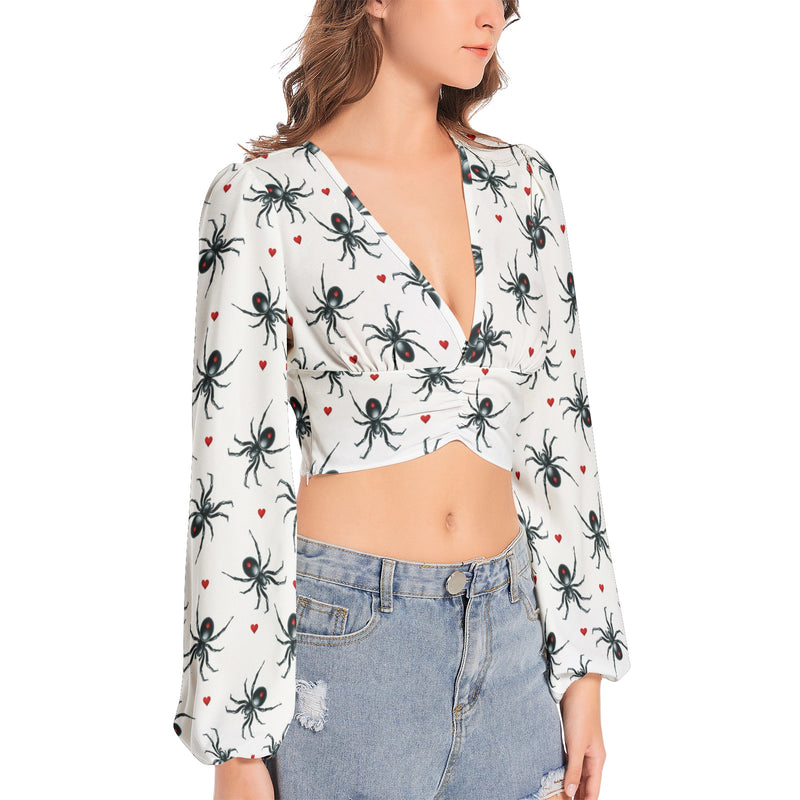 Women's Deep V-Neck Lantern Sleeve Crop Top