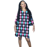 argyle print 1 Half Sleeves V-Neck Mini Dress (Model D63)