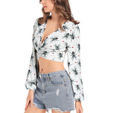 Women's Deep V-Neck Lantern Sleeve Crop Top
