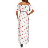 cherry print 4B Women's Off Shoulder Ruffle Boat Neck Dress (Model D71)