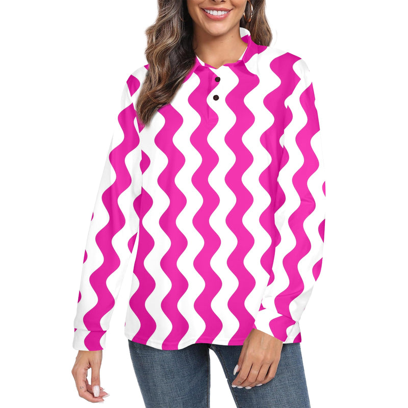 fuchsia wavy print Women's Long Sleeve Polo Shirt (Model T73)