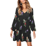 hex floral bw color print V-Neck Loose Fit Dress (Model D62)