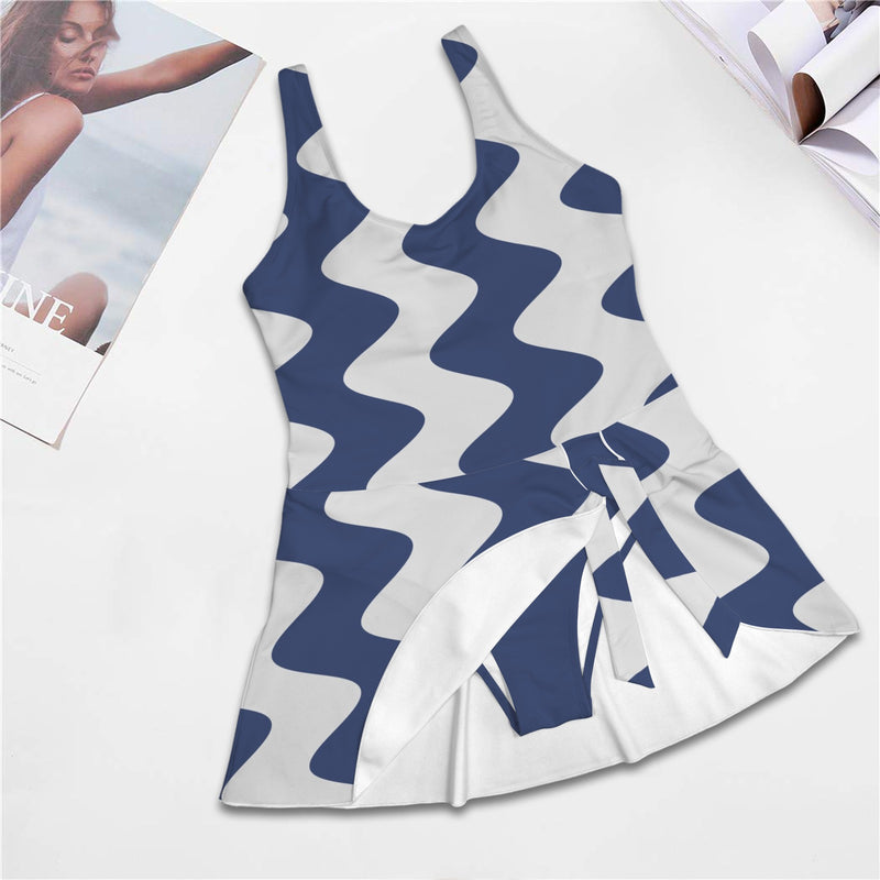 delft blue print 4A Women's One Piece Skirted Swimsuit (Model S54)