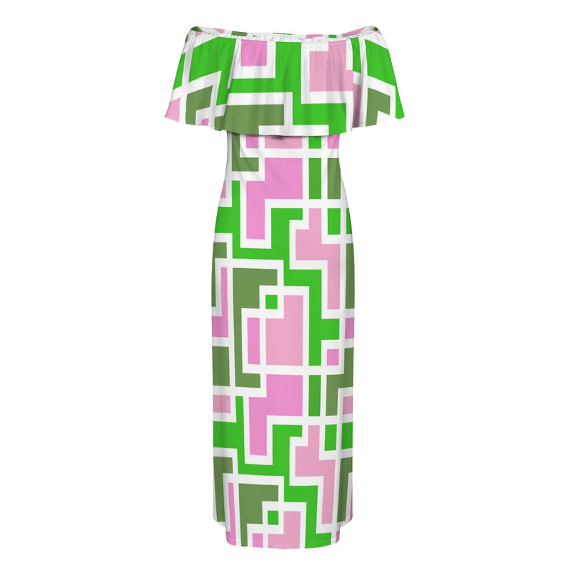 aka maze weave print Women's Off Shoulder Ruffle Boat Neck Dress (Model D71)