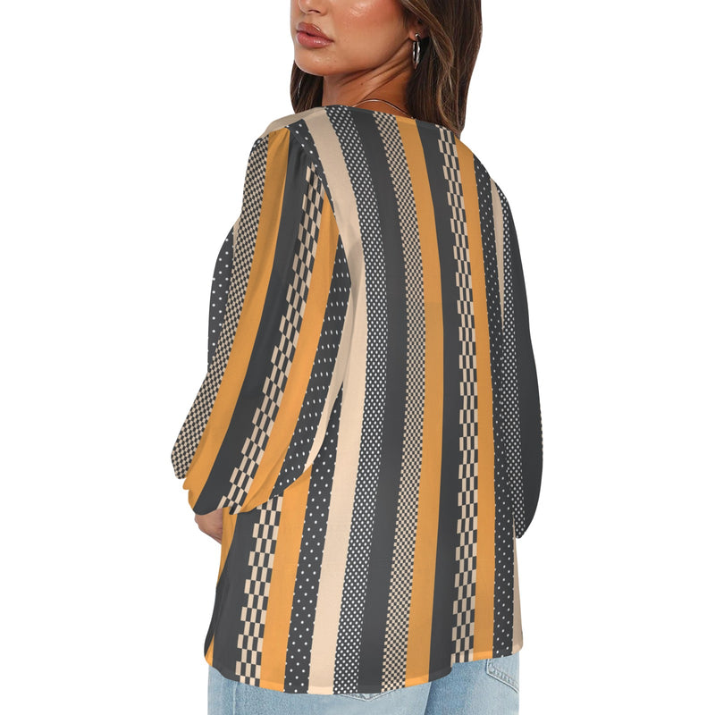 eclectic stripe print Women's Loose V-Neck Long Puff Sleeve Top (Model H70)