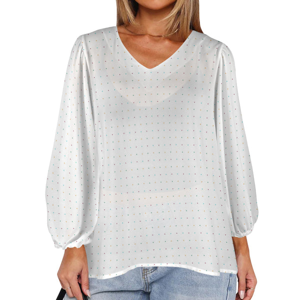 colored dot matrix print Women's Loose V-Neck Long Puff Sleeve Top (Model H70)