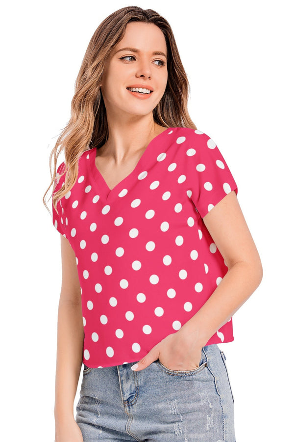 Polka Dot Batwing Sleeve V-Neck Top