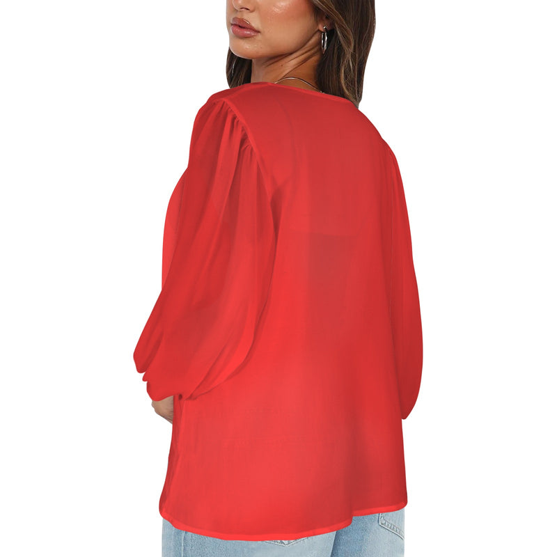 bright red Women's Loose V-Neck Long Puff Sleeve Top (Model H70)
