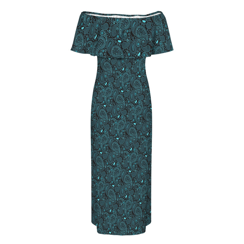 Paisley Off Shoulder Ruffle Boat Neck Dress