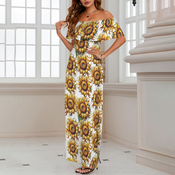 sunflower on white print 2A Women's Off Shoulder Ruffle Boat Neck Dress (Model D71)