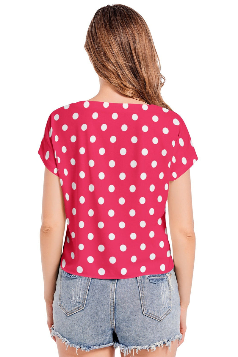 Polka Dot Batwing Sleeve V-Neck Top