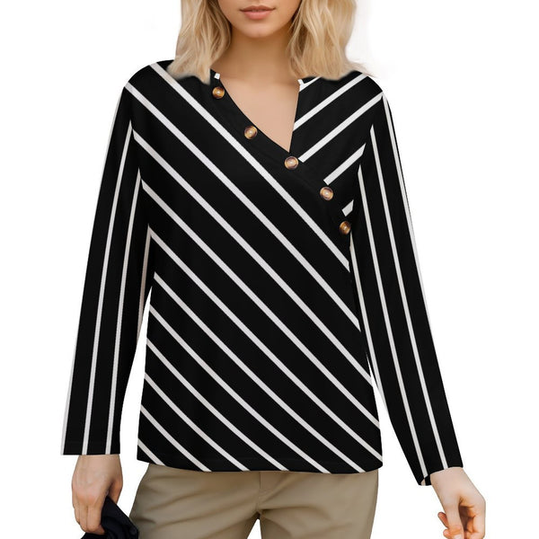 Women&#039;s Asymmetrical Neck Button-Up Shirt Long sleeved T-shirt