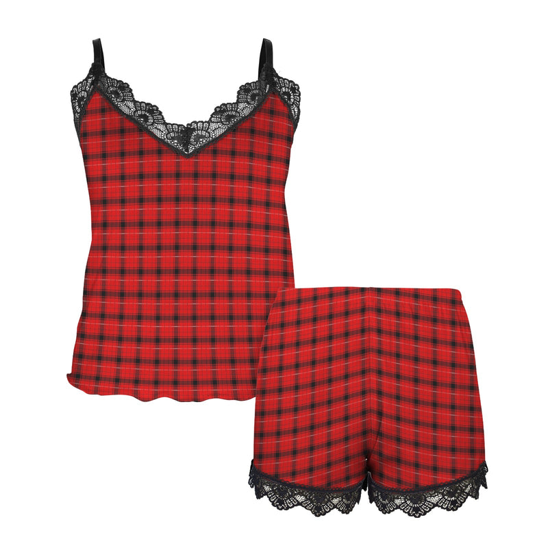 plaid print red and white Women's Lace Camisole Pajama Set