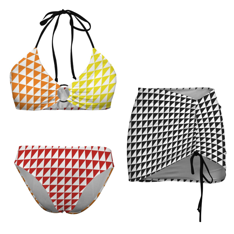 orange triangle print 3C Drawstring Halterneck Three-Piece Swimsuit Skirt