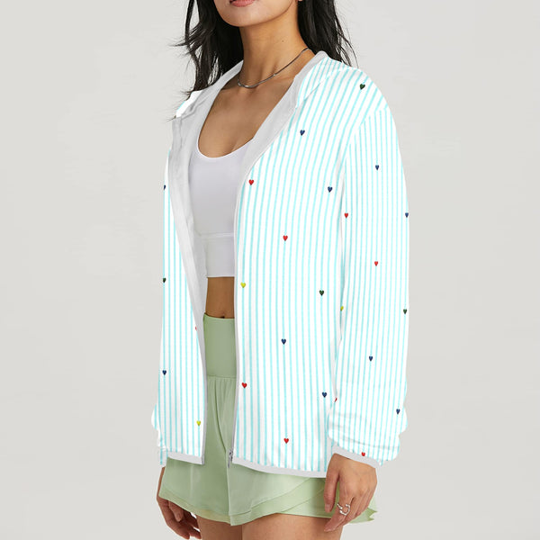 heart on stripes print light blue Women's Lightweight Sun Protection Hoodie (Model H62)