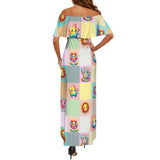happy matrix print Women's Off Shoulder Ruffle Boat Neck Dress (Model D71)