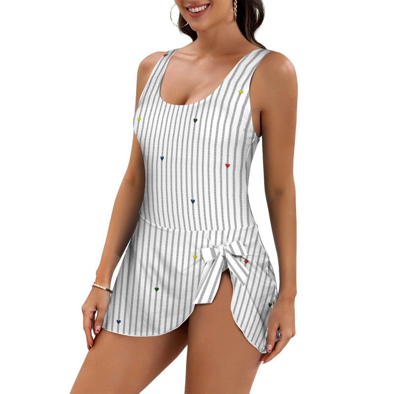 heart accent stripe accent print Women's One Piece Skirted Swimsuit (Model S54)