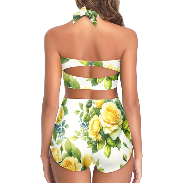 yellow rose print 4 Women's Halter Neck Gather Chest Bikini Swimsuit (Model S53)