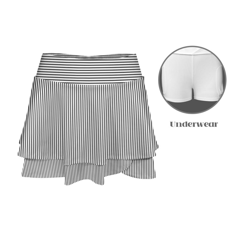 striped bw print 2 High Waist Layered Ruffle Pockets Sports Skirt