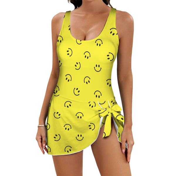 smiley face print 2A Women's One Piece Skirted Swimsuit (Model S54)
