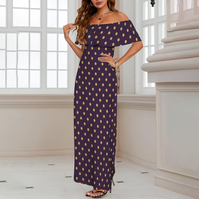 bronze polka dot on purple print Women's Off Shoulder Ruffle Boat Neck Dress (Model D71)