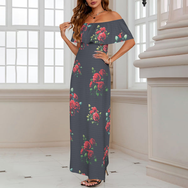 rose on grid print Women's Off Shoulder Ruffle Boat Neck Dress (Model D71)