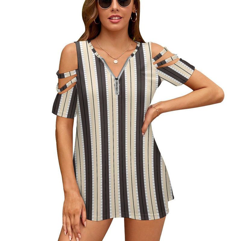 Women&#039;s Off Shoulder Zip V-Neck Tunic BE zip off shoulder top