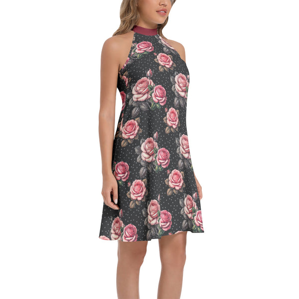 Tie Back Halter Neck Flared Dress