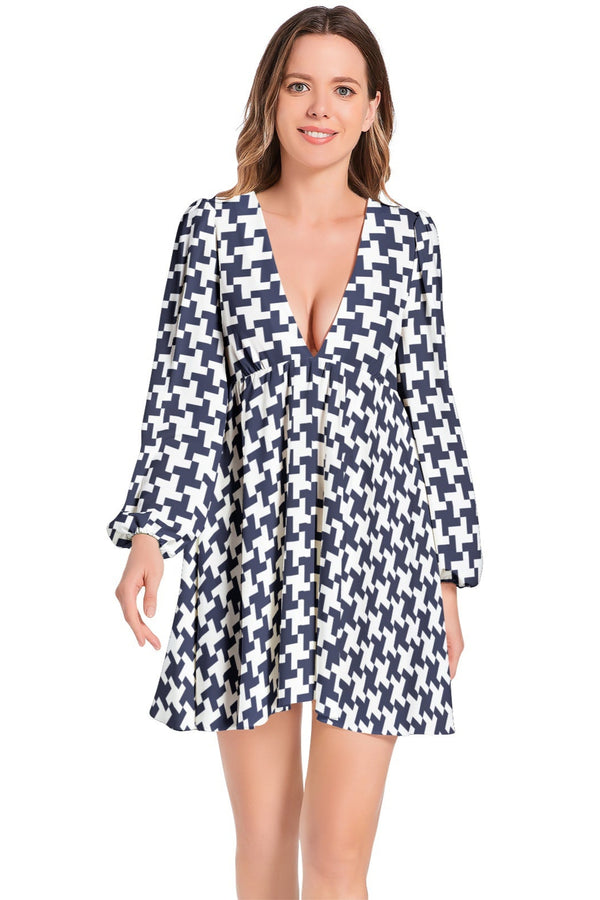 Houndstooth Lantern Sleeve Deep V-Neck Short Dress