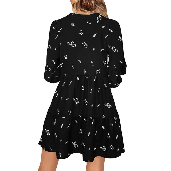 black music print V-Neck Loose Fit Dress (Model D62)