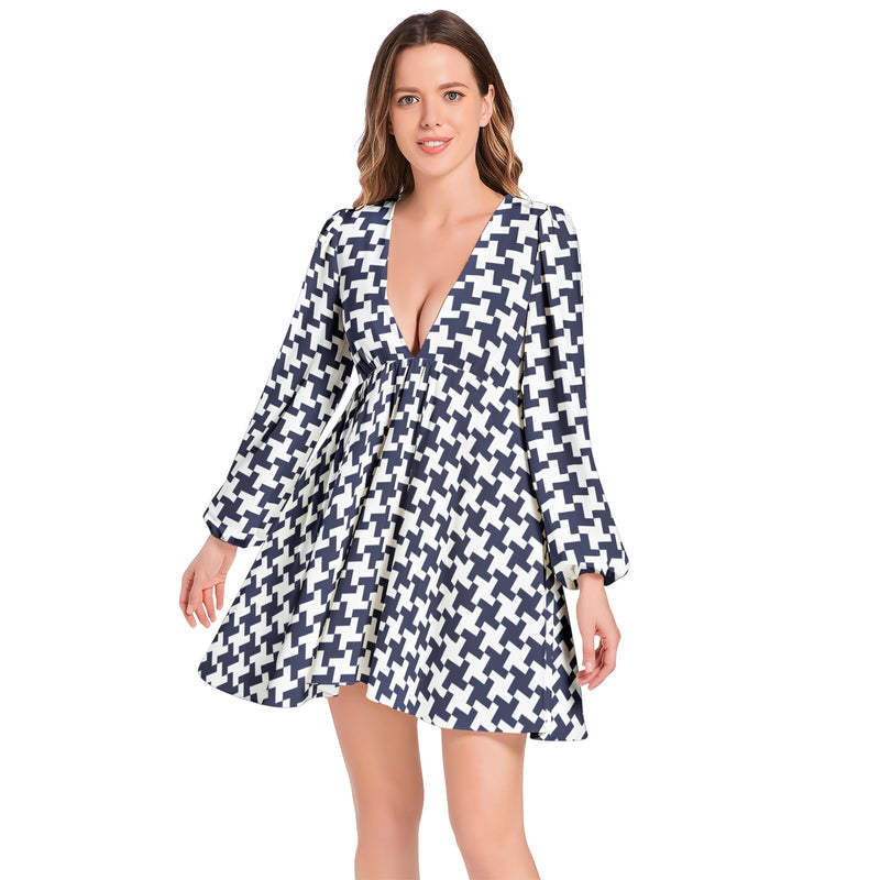 Houndstooth Lantern Sleeve Deep V-Neck Short Dress